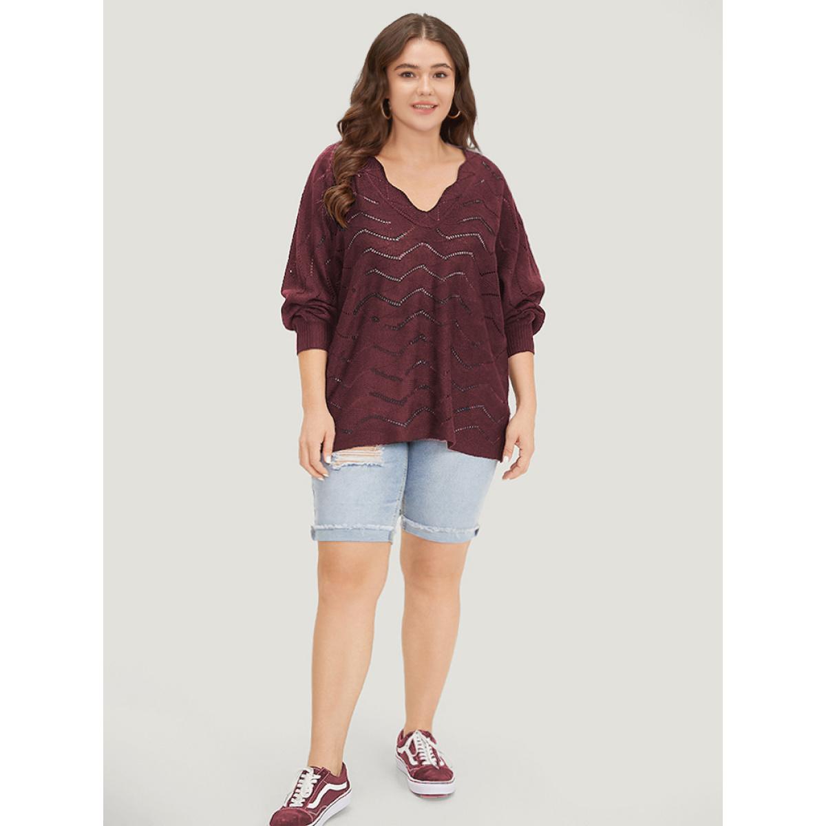 Plus Size Plain Geometric Eyelet Elastic Cuffs Patchwork Pullover Burgundy Women Casual Loose Long Sleeve V-neck Dailywear Pullovers BloomChic 14-16/1X Product Image