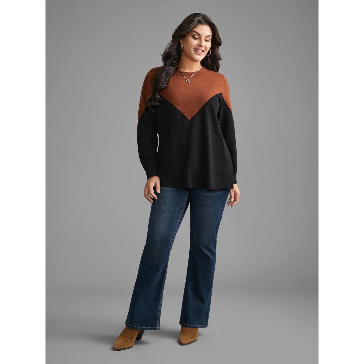 Plus Size Round Neck Contrast Patchwork Pullover Black Women Casual Loose Long Sleeve Round Neck Everyday Pullovers BloomChic 12/L Product Image