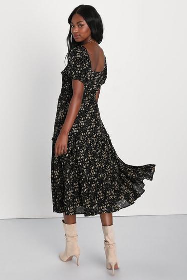 Adorable Ideal Black Floral Print Tiered Ruffled Midi Dress Product Image
