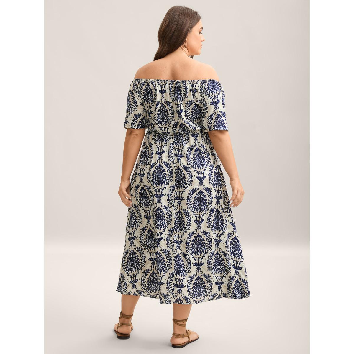 Plus Size Bandana Print Shirred Off Shoulder Dress DarkBlue Women Resort Non One-shoulder neck Short sleeve Curvy Midi Dress BloomChic 18-20/2X Product Image