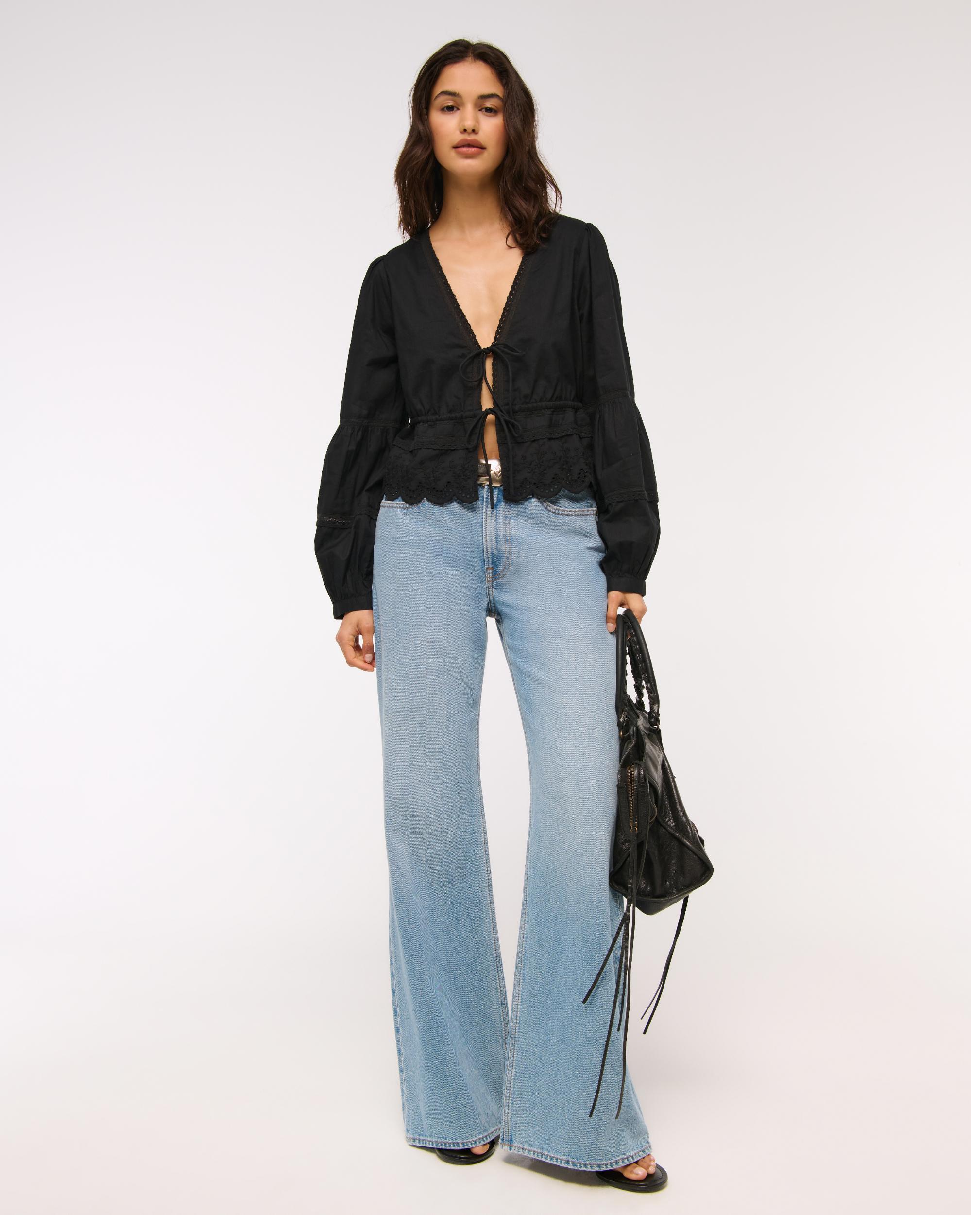 Long-Sleeve Lace Tie-Front Top Product Image