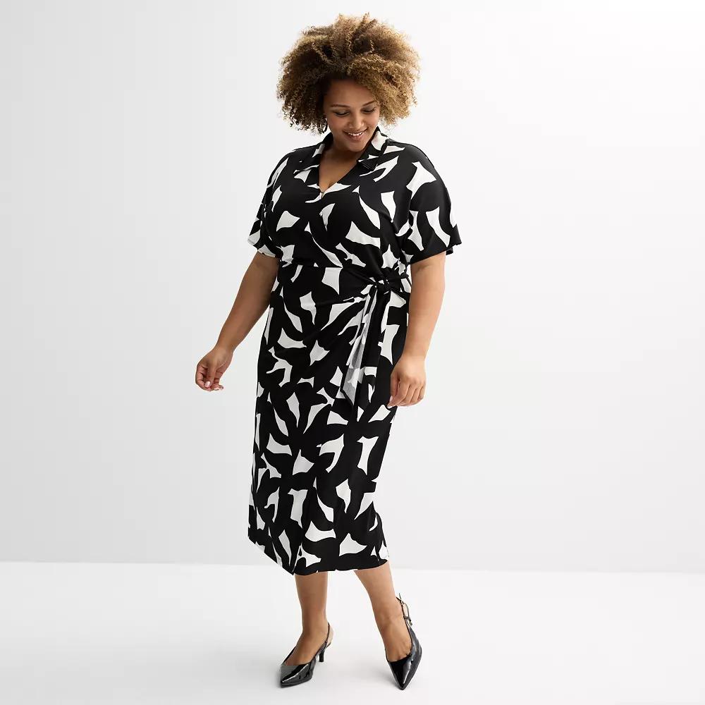 Plus Size Nine West Dolman Faux-Wrap Midi Dress, Women's, Size: 4XL, Black Bold Leaf Product Image