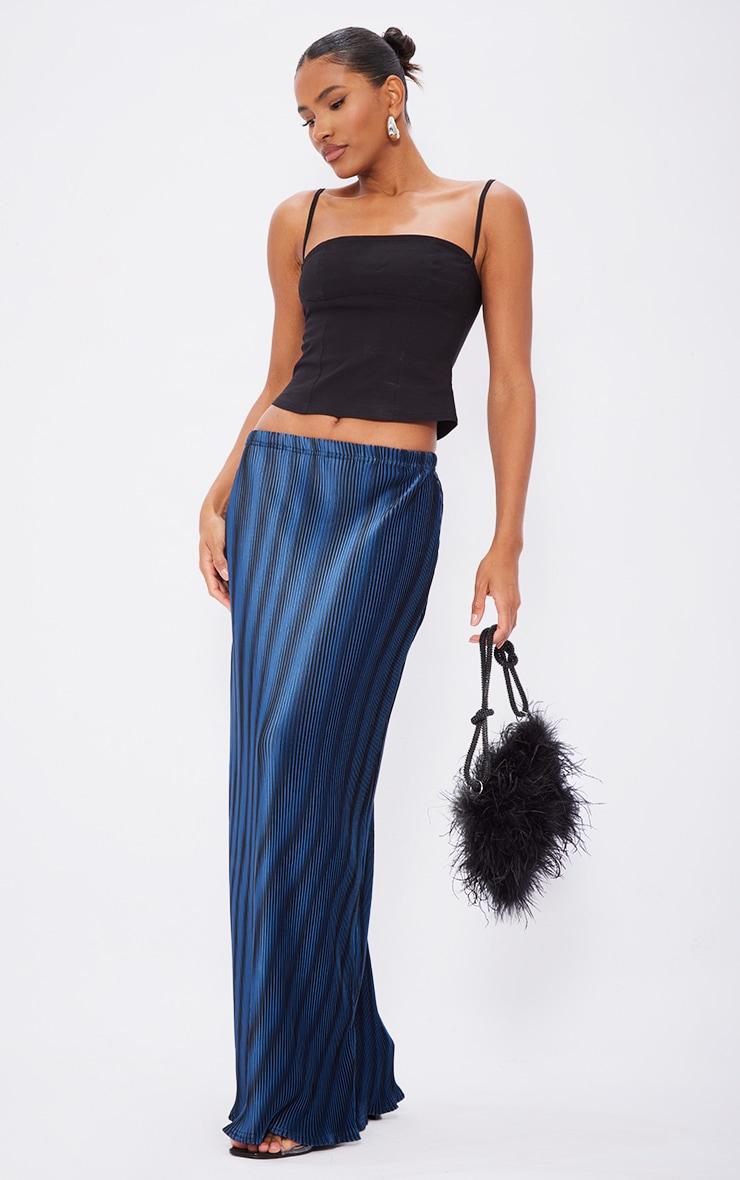 Dark Blue Printed Plisse Maxi Skirt Product Image
