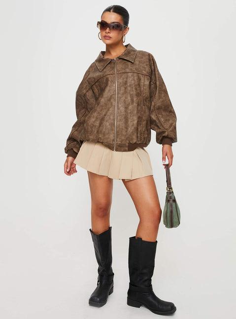 Goldsmith Faux Leather Bomber Jacket Washed Brown Product Image