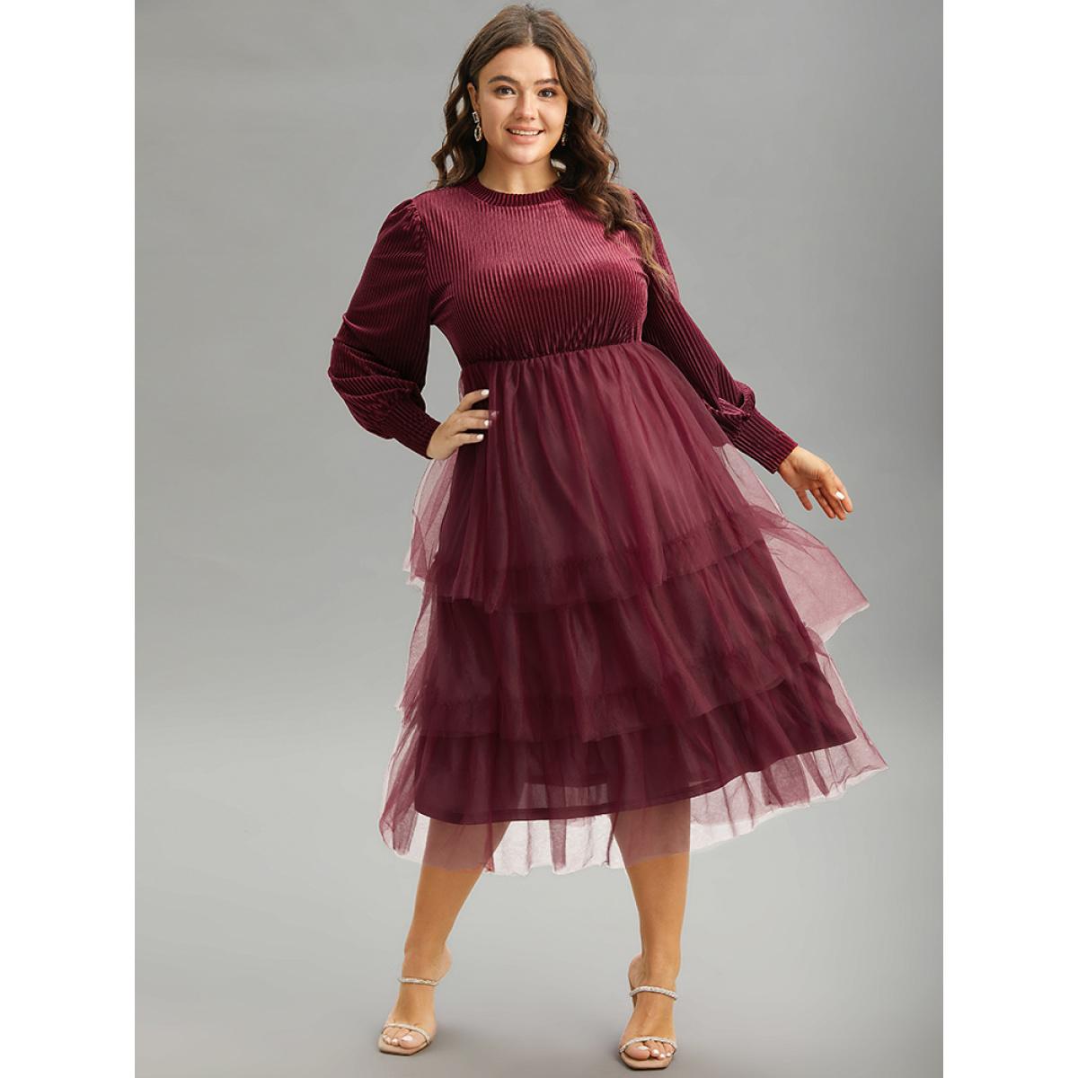 Plus Size Velvet Patchwork Mesh Layered Hem Dress Burgundy Women Glamour Velvet Round Neck Long Sleeve Curvy Midi Dress BloomChic 26/4X Product Image