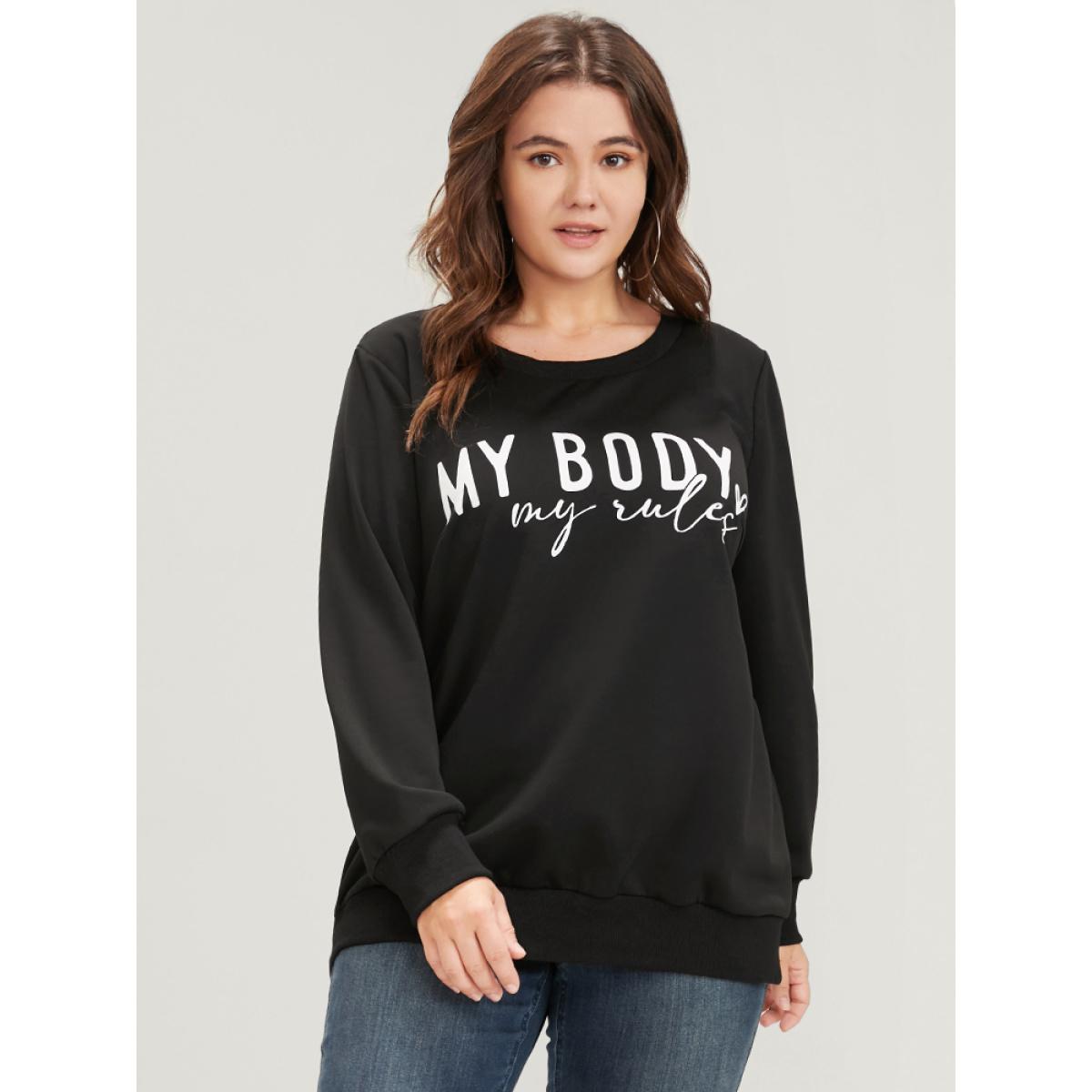 Plus Size Letter Print Drop Shoulder Sweatshirt Women Black Casual Printed Round Neck Dailywear Sweatshirts BloomChic 30/6X Product Image