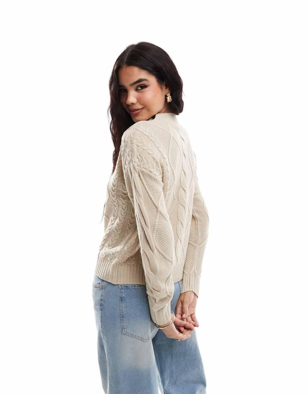 Vila round neck cable knit sweater in cream Product Image