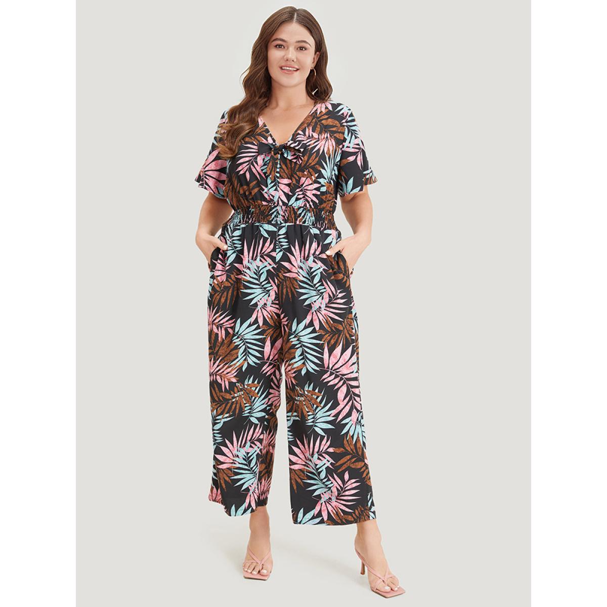 Plus Size Black Tropical Print Knot Neck Shirred Wrap Jumpsuit Women Elegant Short sleeve Tie Neck Dailywear Loose Jumpsuits BloomChic 12/L Product Image
