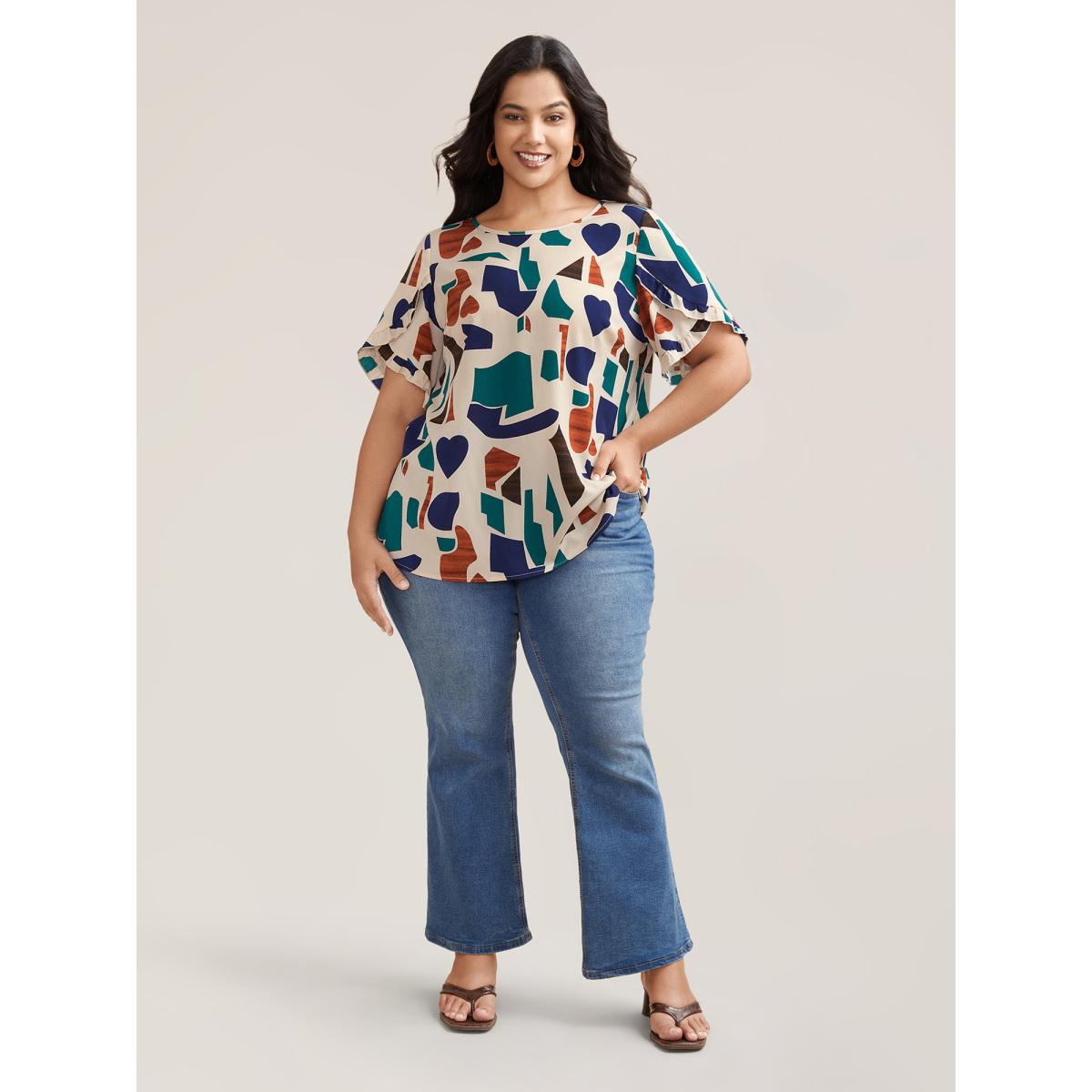 Plus Size Apricot Abstract Print Round Neck Half Sleeve Shirt Women Resort Short sleeve Round Neck Vacation Blouses BloomChic 28/5X Product Image