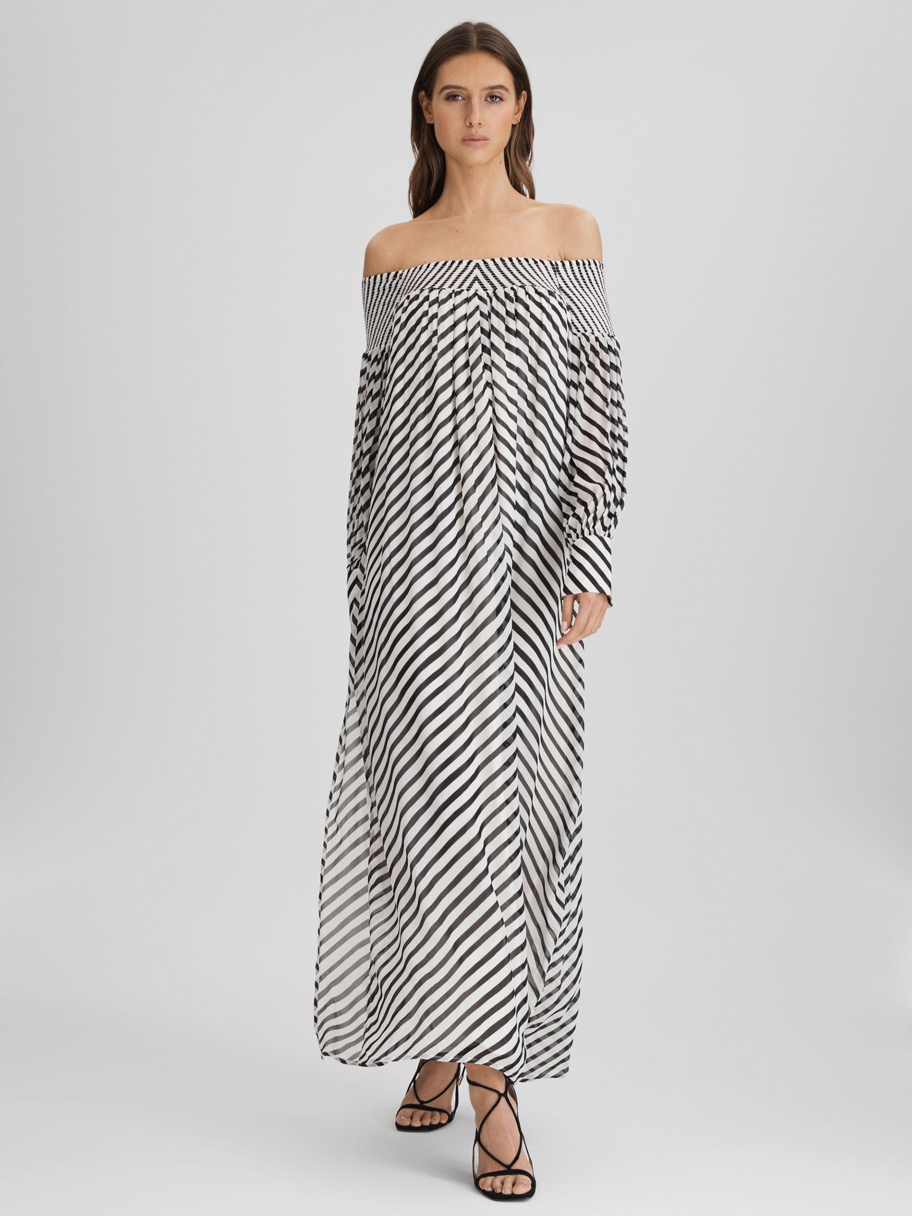 Striped Bardot Maxi Dress in Black/Cream Product Image