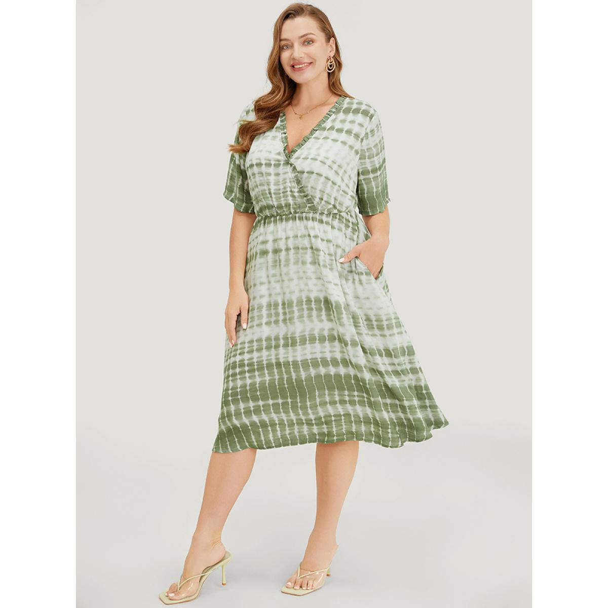 Plus Size Tie Dye Surplice Neck Pocket Frill Trim Dress LightGreen Women Vacation Wrap V-neck Short sleeve Curvy Knee Dress BloomChic 22-24/3X Product Image