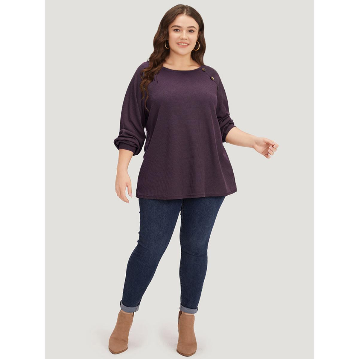 Plus Size Plain Waffle Knit Button Detail Crew Neck Raglan Sleeve T-shirt Purple Women Casual Elastic cuffs Plain Round Neck Dailywear T-shirts BloomChic 12/L Product Image