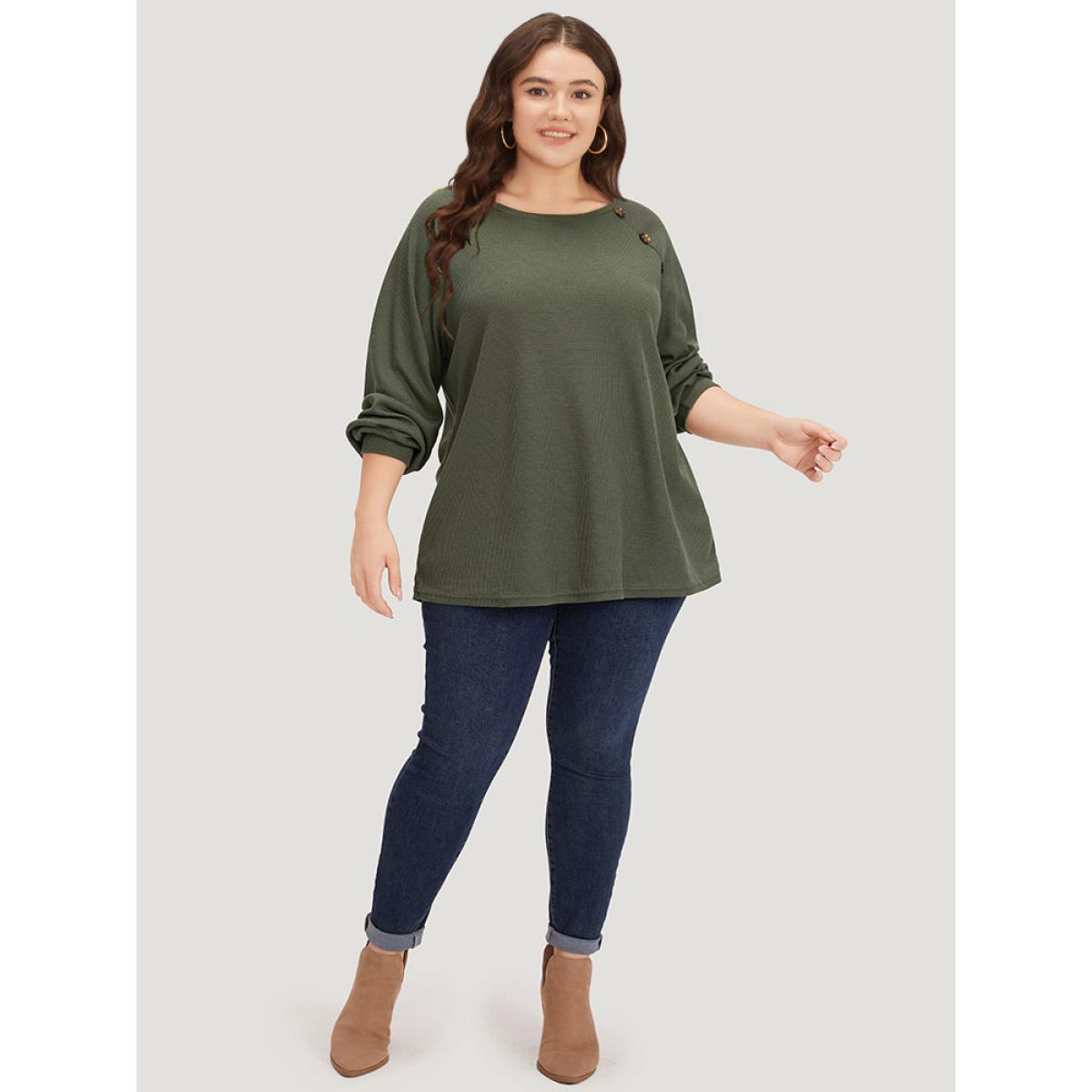 Plus Size Plain Waffle Knit Button Detail Crew Neck Raglan Sleeve T-shirt ArmyGreen Women Casual Elastic cuffs Plain Round Neck Dailywear T-shirts BloomChic 26/4X Product Image
