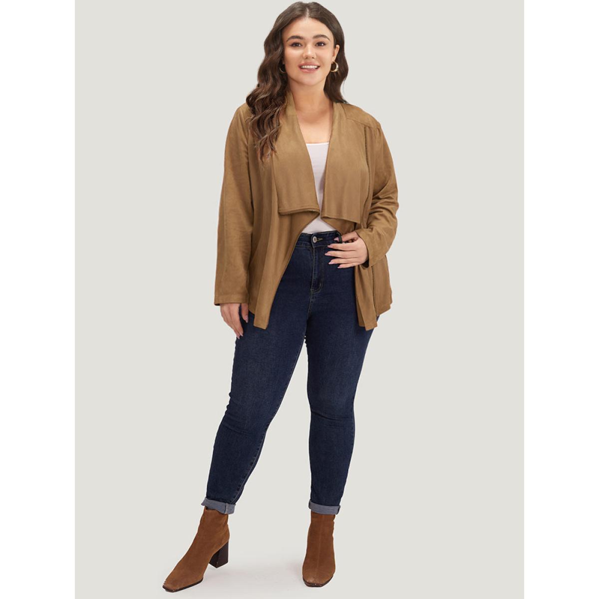 Plus Size Plain Zipper Lapel Collar Jacket Women Bronze Casual Plain Ladies Dailywear Winter Coats BloomChic 12/L Product Image