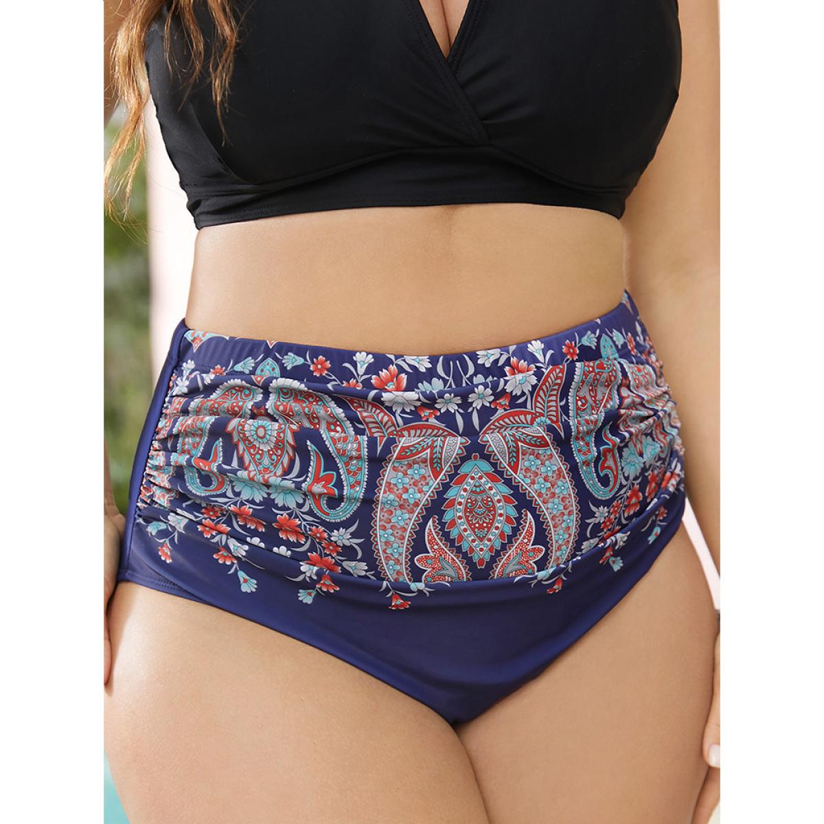 Plus Size Paisley Print Ruched Front Swim Bottom Women's Swimwear Navy Vacation Gathered High stretch Skinny High Rise Curve Swim Bottoms BloomChic 14-16/1X Product Image