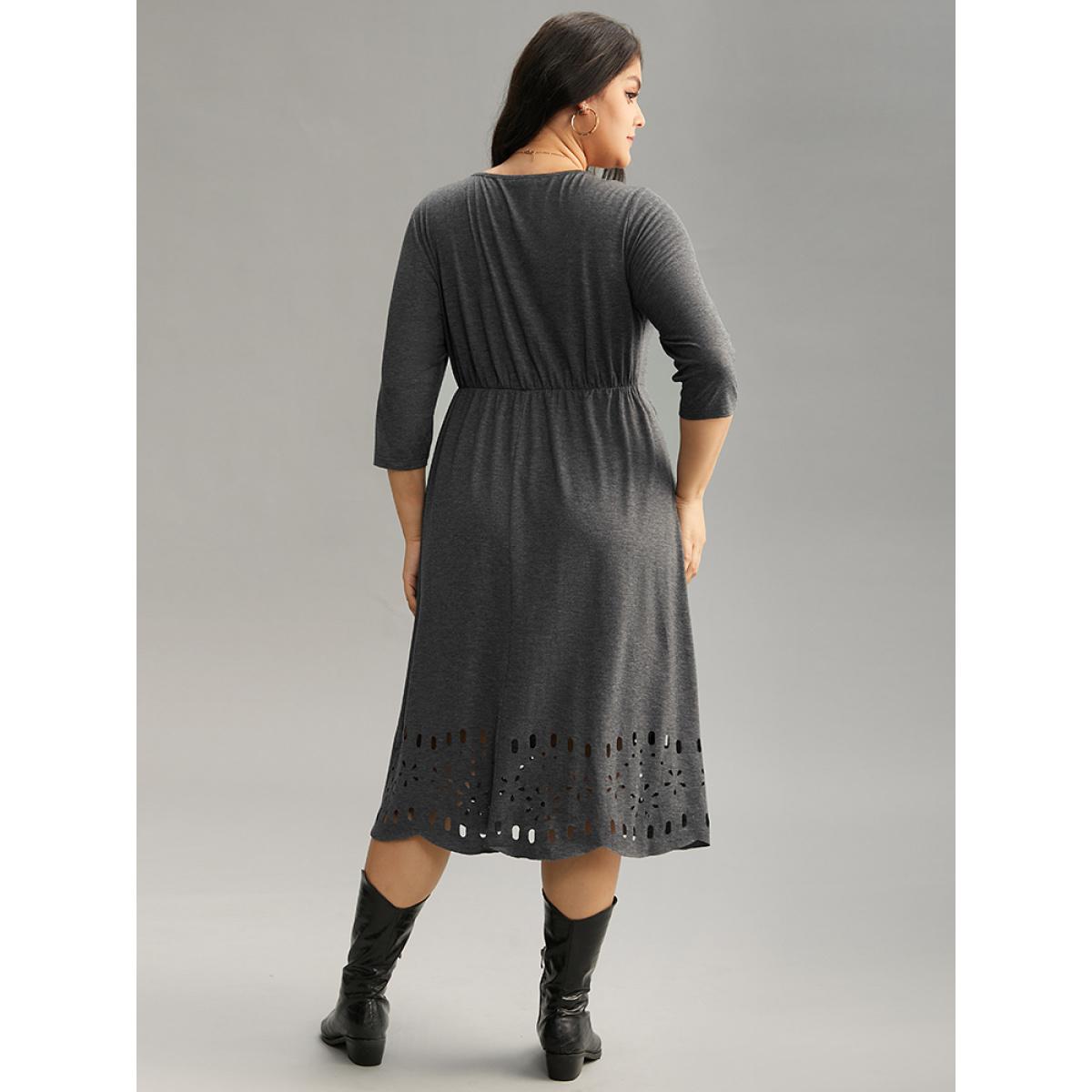 Plus Size Plain Elastic Waist Laser Cut Crew Neck Dress Gray Women Casual Plain Round Neck Elbow-length sleeve Curvy Midi Dress BloomChic 22-24/3X Product Image