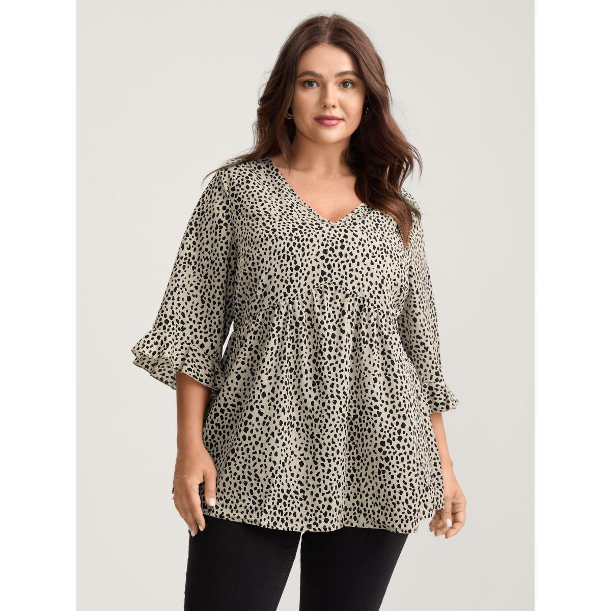 Plus Size Champagne Leopard Print Ruffled Detail V-Neck Blouse Women Leisure Elbow-length sleeve V-neck Casual Blouses BloomChic 30/6X Product Image