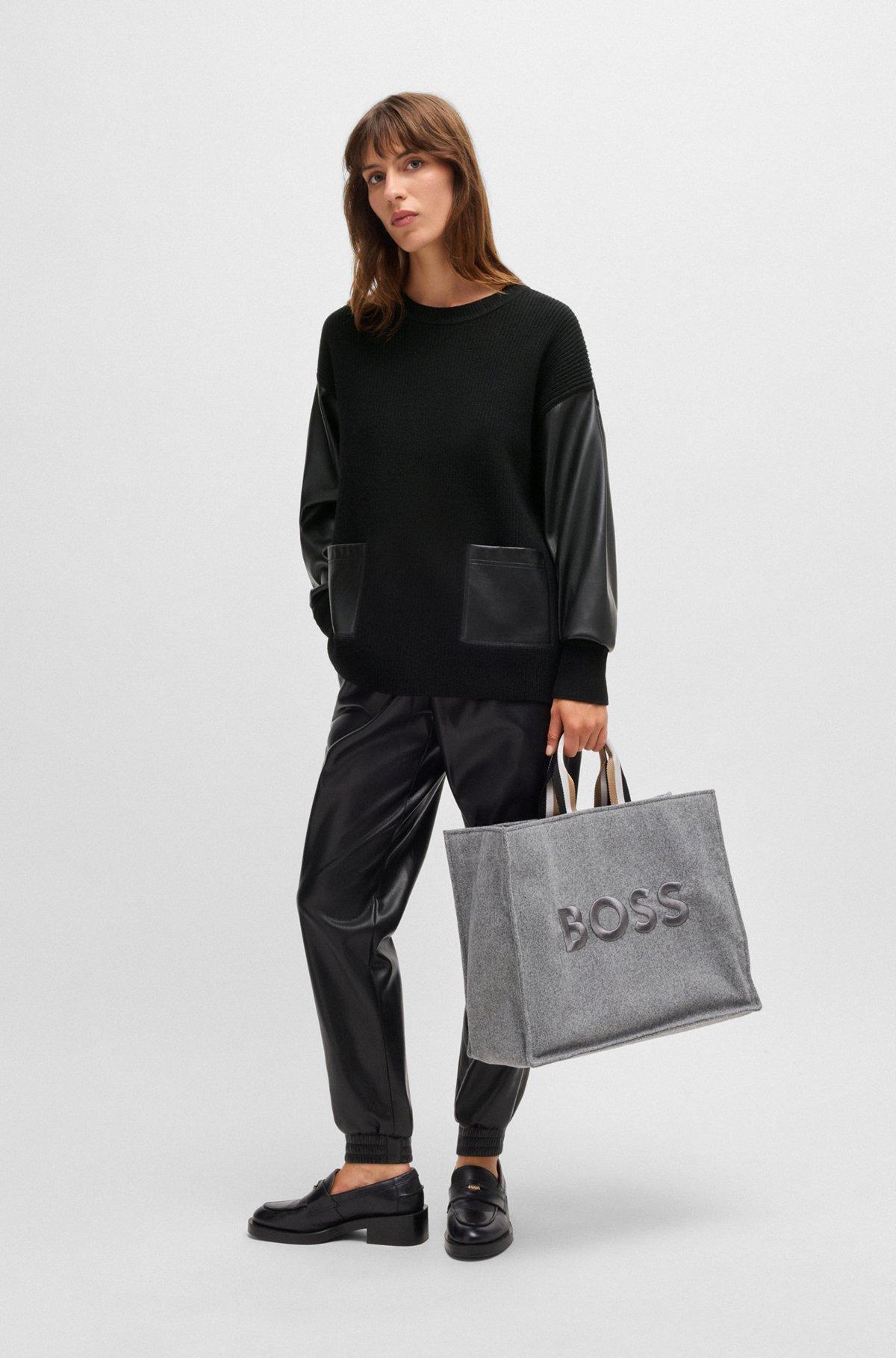 BOSS - Wool sweater with faux-leather sleeves - Black Product Image