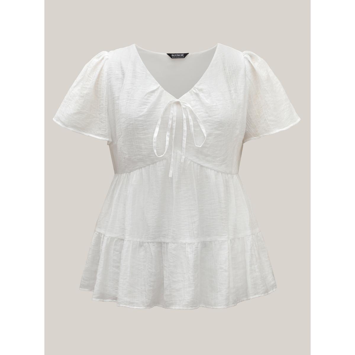 Plus Size Originalwhite Sheer V-Neck Tie Tiered Blouse Women Leisure Short sleeve V-neck Casual Blouses BloomChic 28/5X Product Image