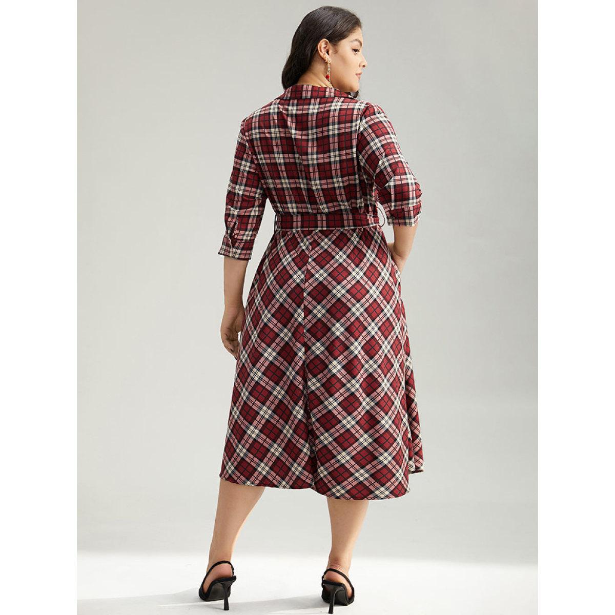 Plus Size Christmas Plaid Shirt Collar Button Up Belted Dress Burgundy Women Office Belted Shirt collar Elbow-length sleeve Curvy Midi Dress BloomChic 30/6X Product Image