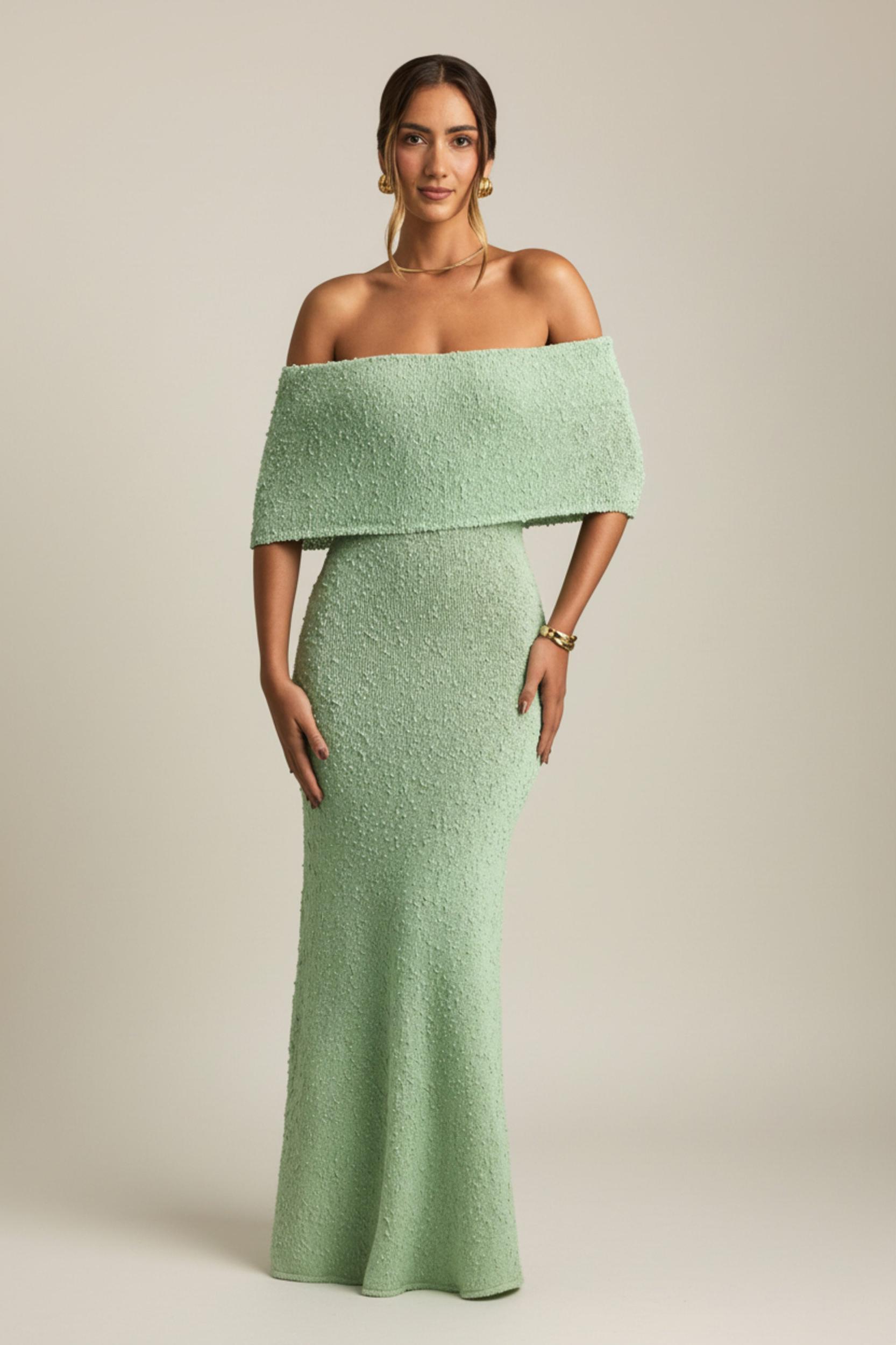 Bouclé Off-Shoulder Maxi Dress in Mint Girls Product Image