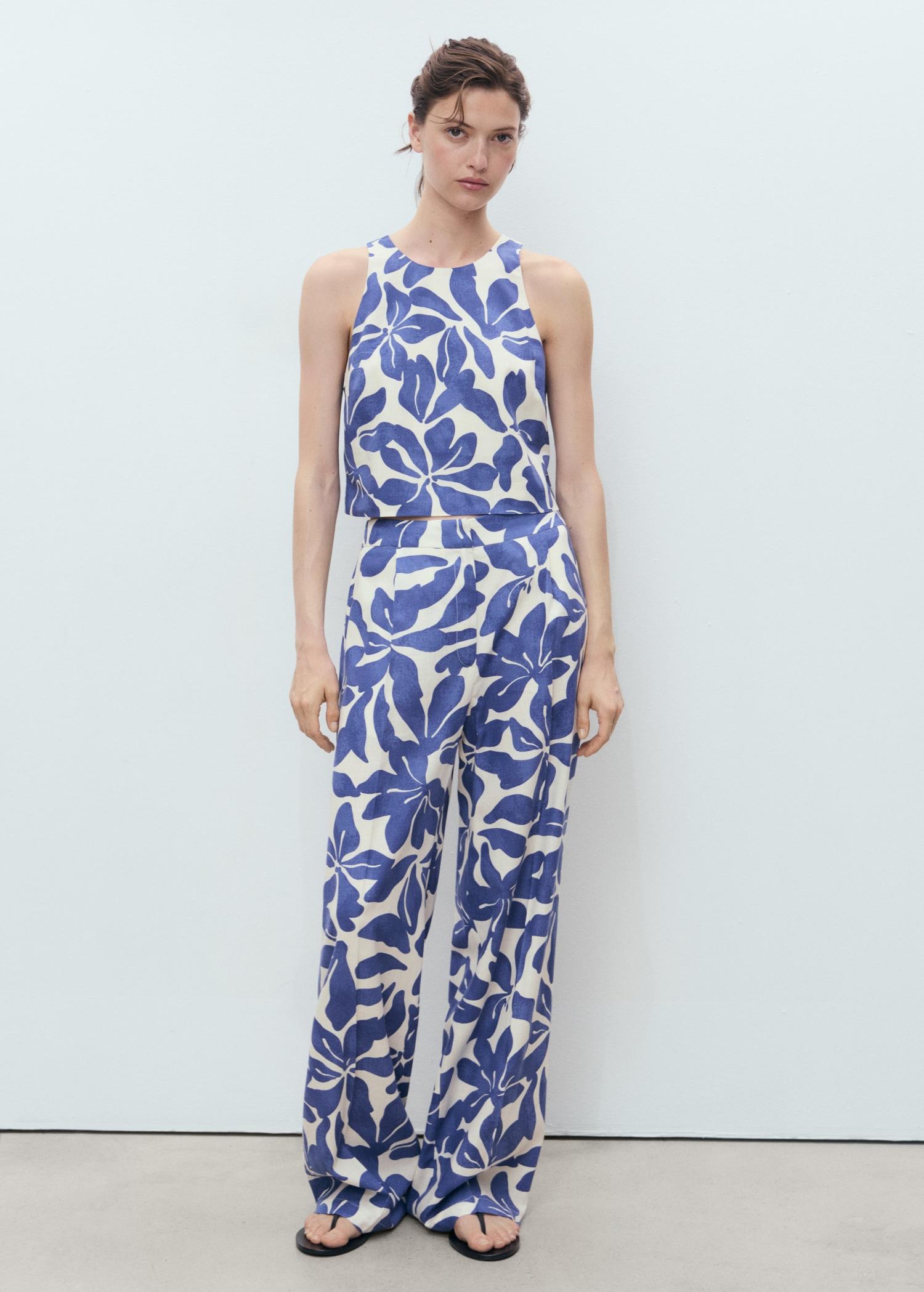 Printed linen-blend pants - Women | MANGO USA Product Image