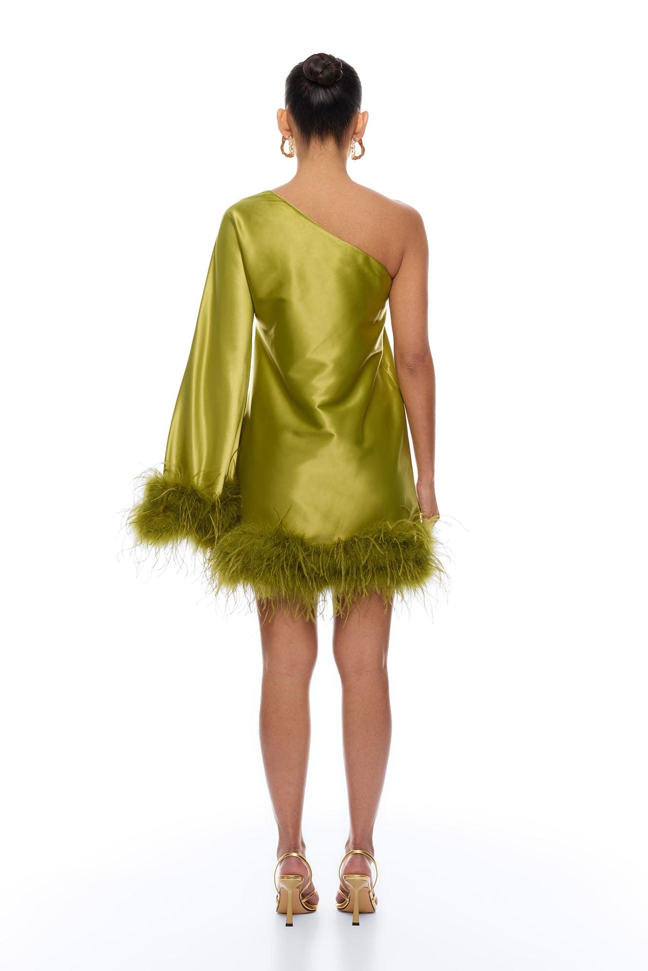 Jacqueline Feathered One Shoulder Satin Mini Dress - Chartreuse Female Product Image