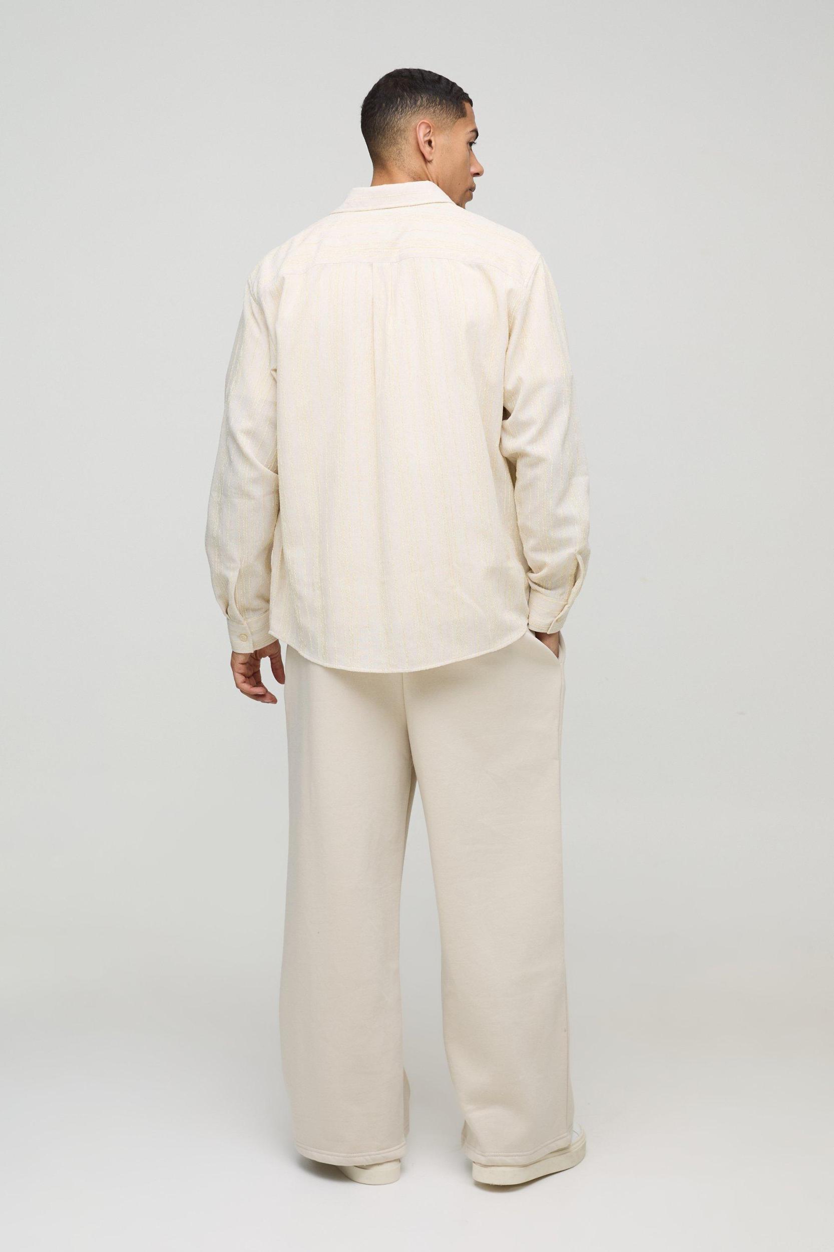 Super Oversized Linen Look Embroidery Striped Collared Shirt | boohooMAN USA Product Image