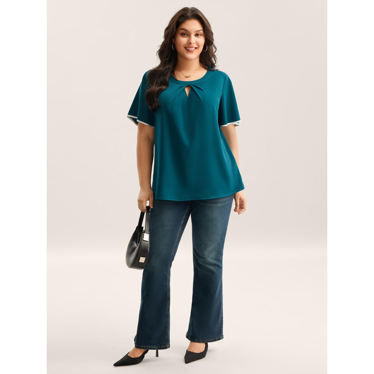 Plus Size Aegean Flared Sleeve Keyhole Solid Blouse Women Short sleeve Round Neck Work Blouses BloomChic 22-24/3X Product Image