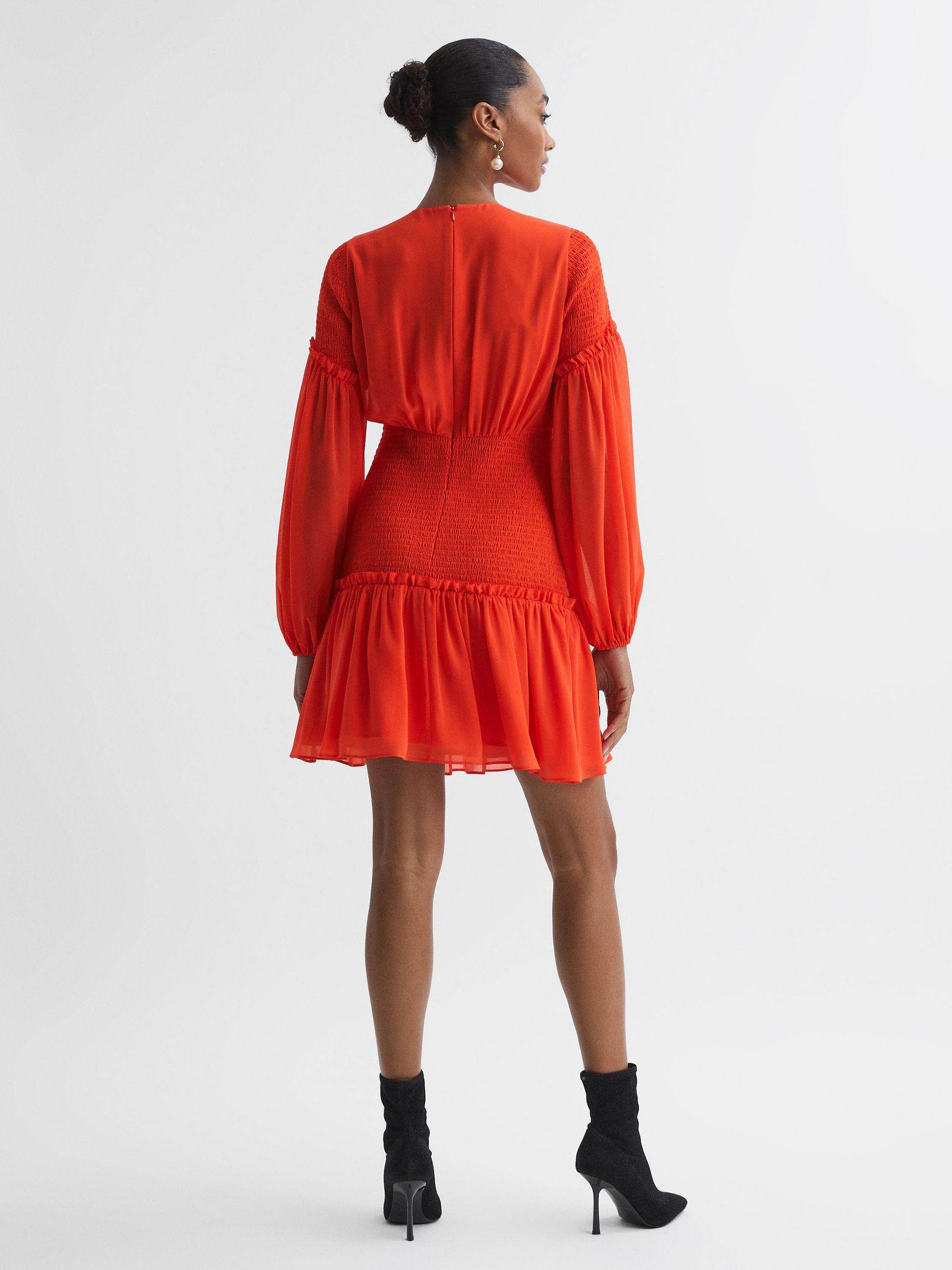 Florere Round Neck Shirred Mini Dress in Bright Orange Product Image