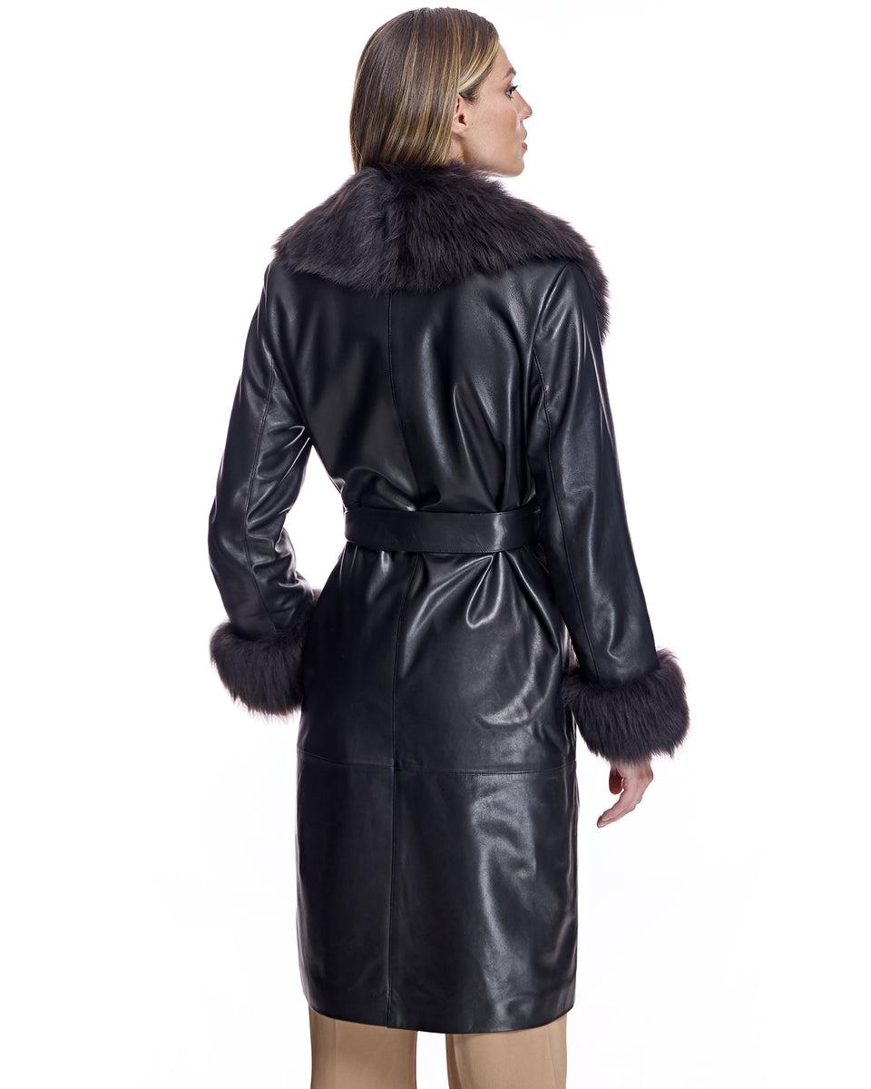 Julia & Stella by Maximilian Belted Leather Short Coat with Shearling Trim Product Image