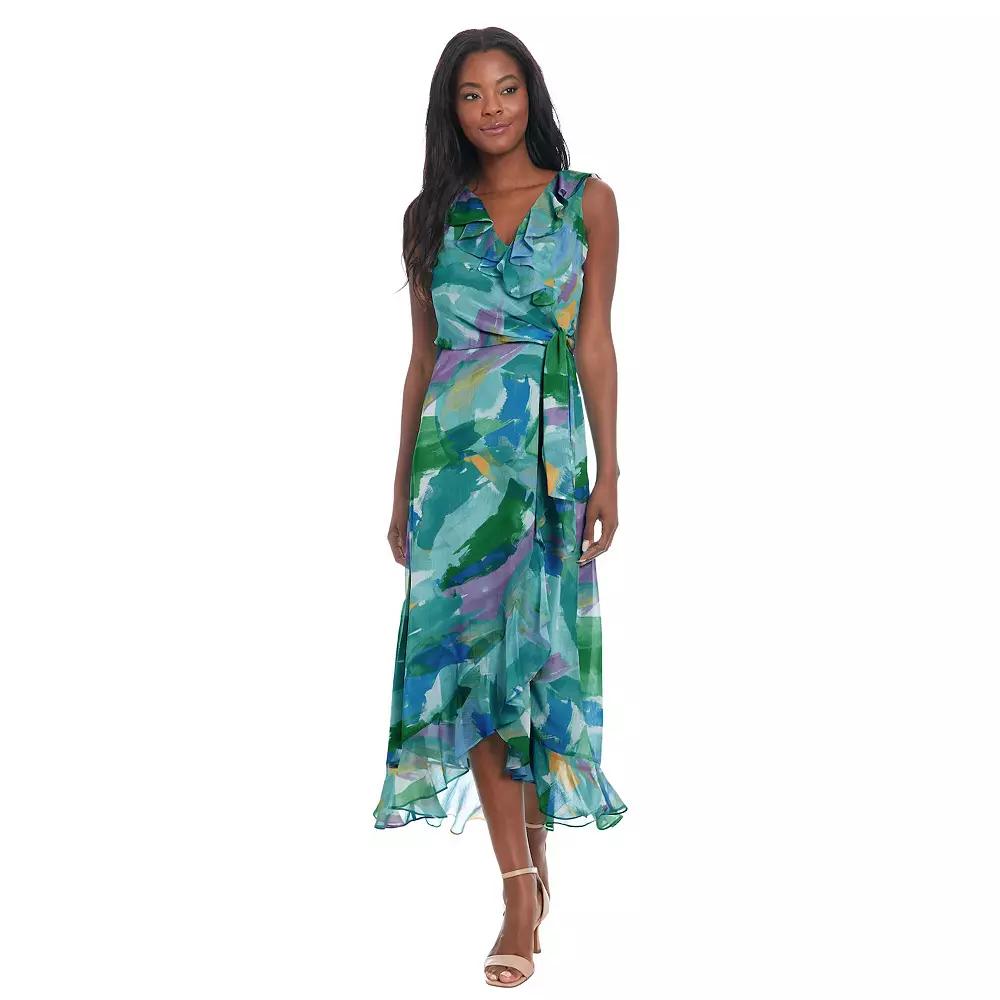 Women's London Times Ruffled Chiffon Maxi Dress, Size: 16, Aqua White Product Image