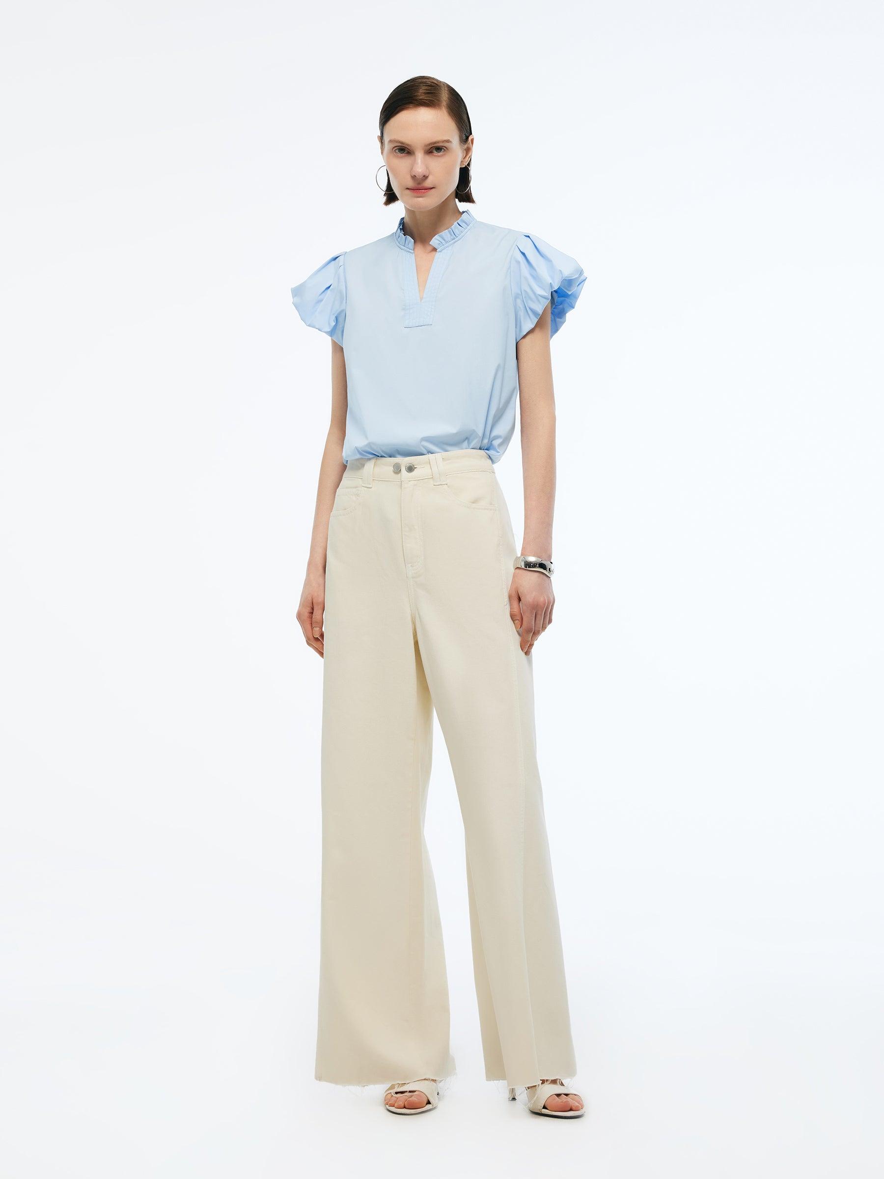 Ruffle Collar V-Neck Women Puff Sleeve Blouse Product Image