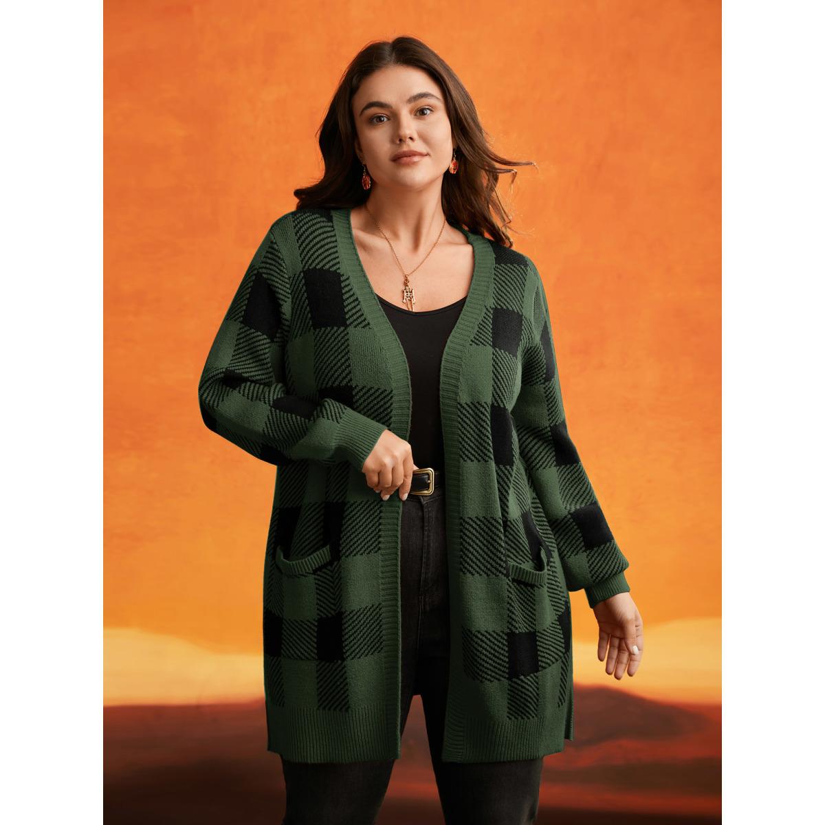 Plus Size Supersoft Essentials Plaid Open Cardigan ArmyGreen Women Casual Loose Long Sleeve Everyday Cardigans BloomChic 12/L Product Image