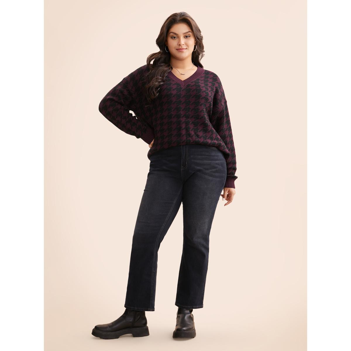 Plus Size V Neck Houndstooth Drop Shoulder Pullover Plum Women Casual Loose Long Sleeve V-neck Everyday Pullovers BloomChic 26/4X Product Image