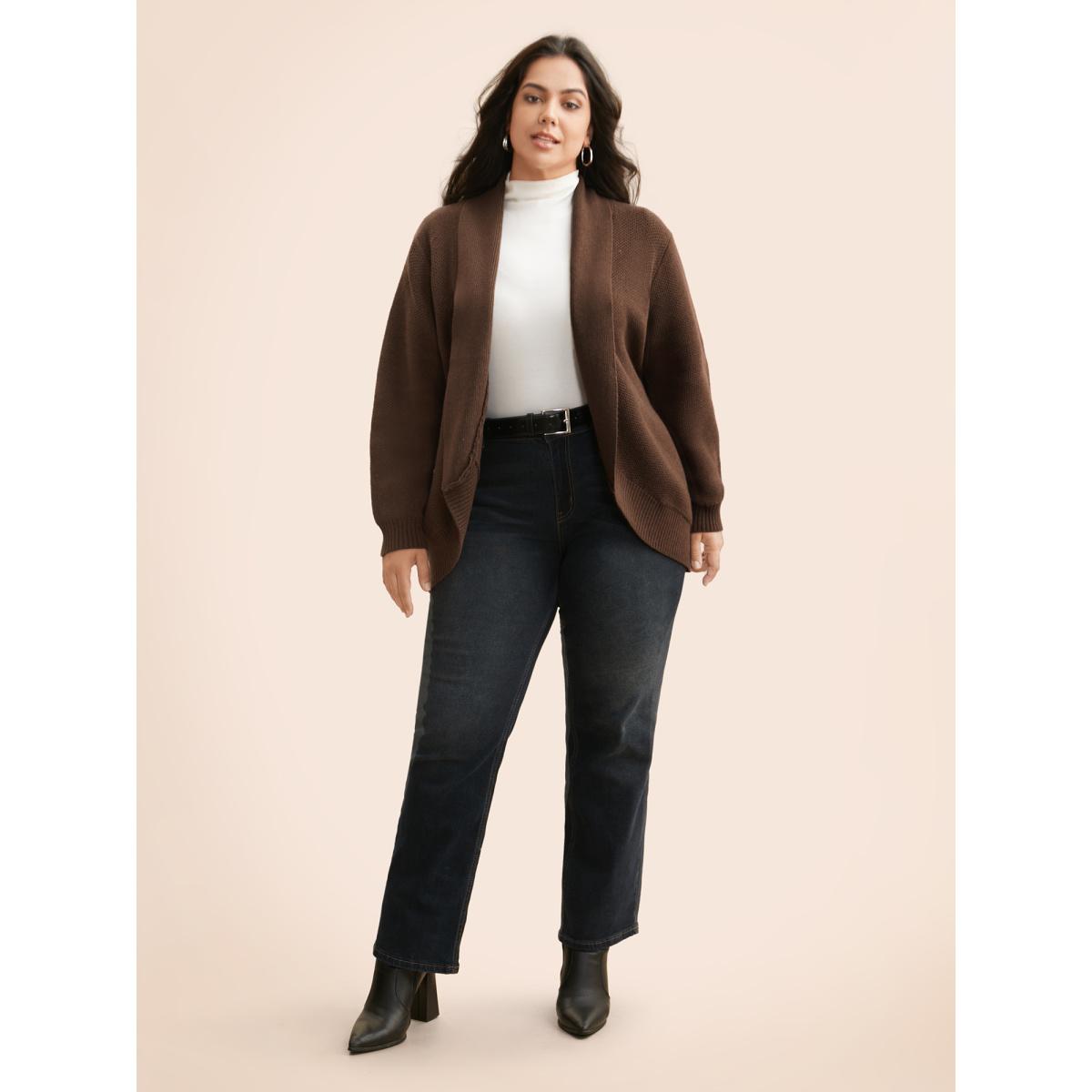 Plus Size Supersoft Essentials Textured Lapel Collar Cardigan Yellowishbrown Women Casual Loose Long Sleeve Everyday Cardigans BloomChic 14-16/1X Product Image