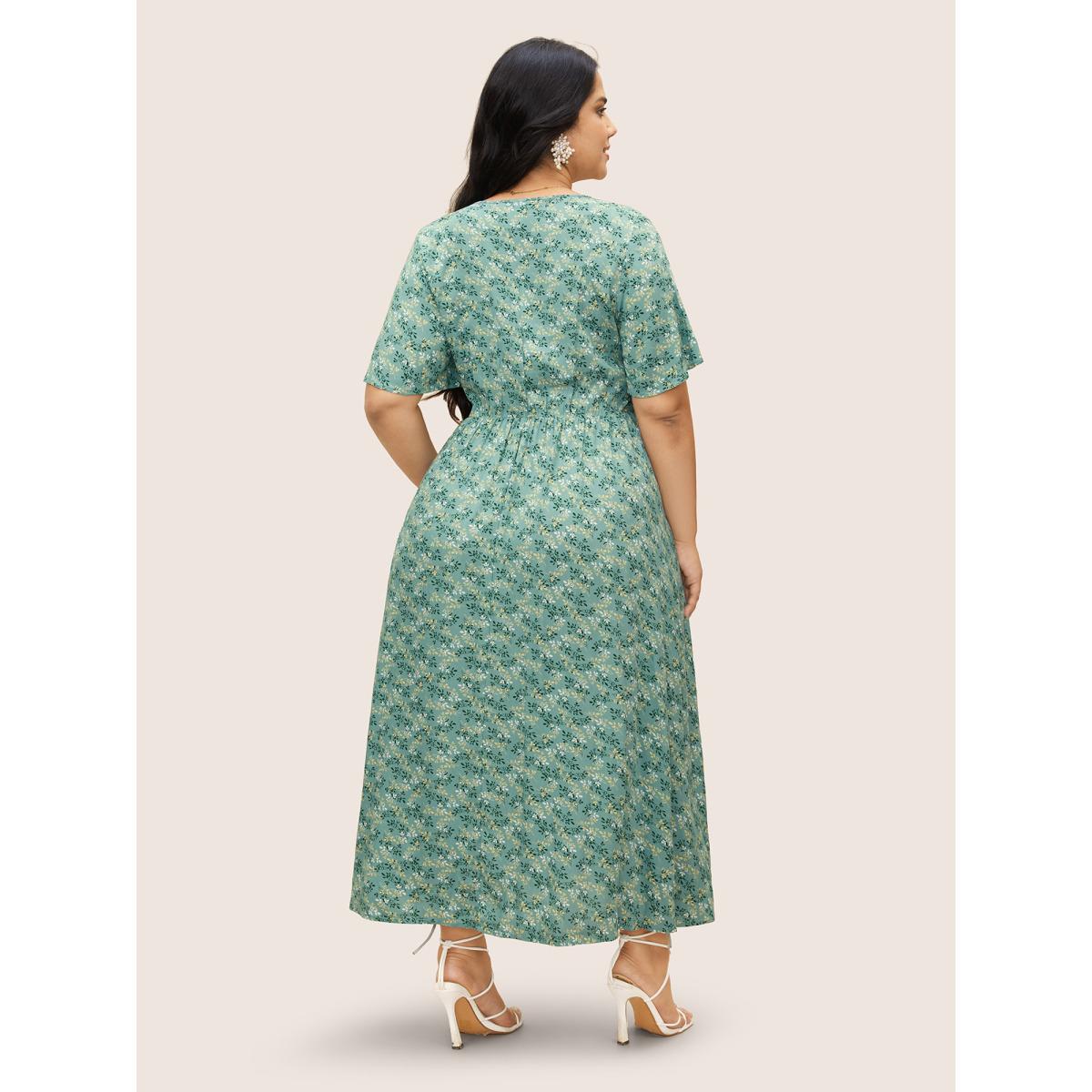 Plus Size Rayon Ditsy Floral V Neck Shirred Dress Mint Women Elegant Shirred V-neck Short sleeve Curvy BloomChic 18-20/2X Product Image