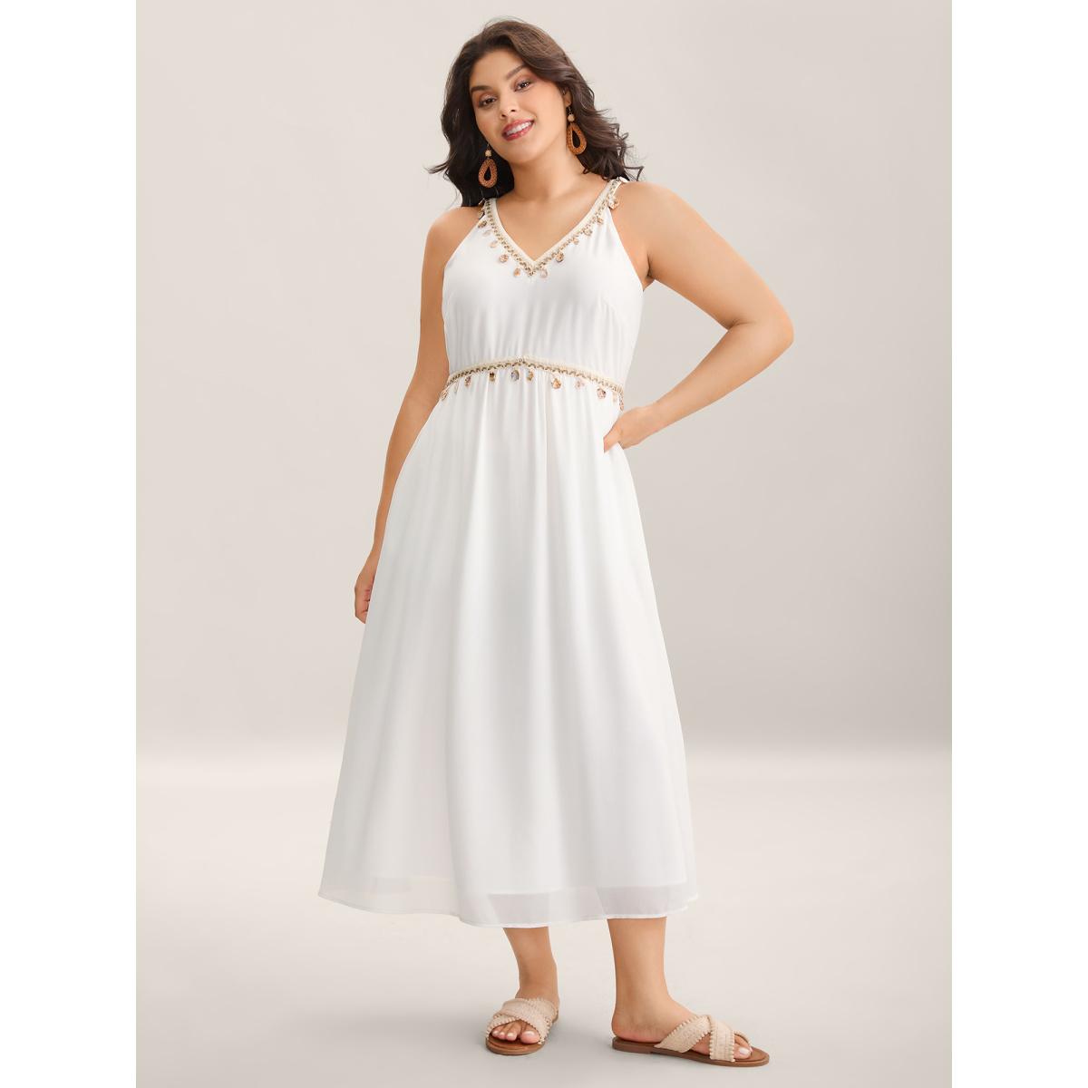 Plus Size Lace Spliced V-Neck Waist-Cinched Midi Dress Beige Women V-neck Sleeveless Curvy BloomChic 30/6X Product Image