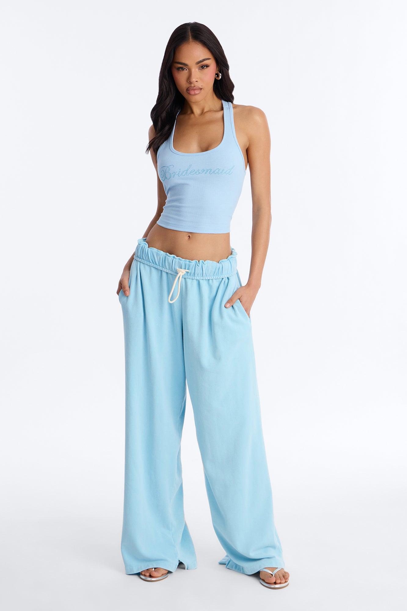 Bridesmaid Rhinestones Ribbed Tank Top - Light Blue Female Product Image