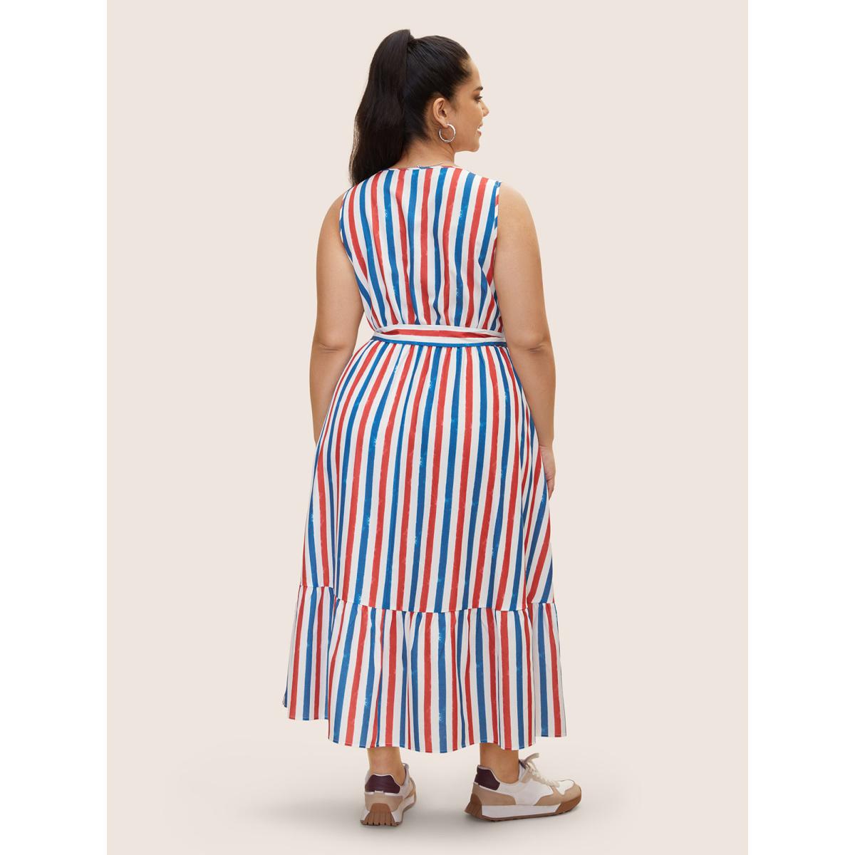 Plus Size V Neck Contrast Striped Tank Dress Multicolor Women Casual Tiered V-neck Sleeveless Curvy BloomChic 28/5X Product Image