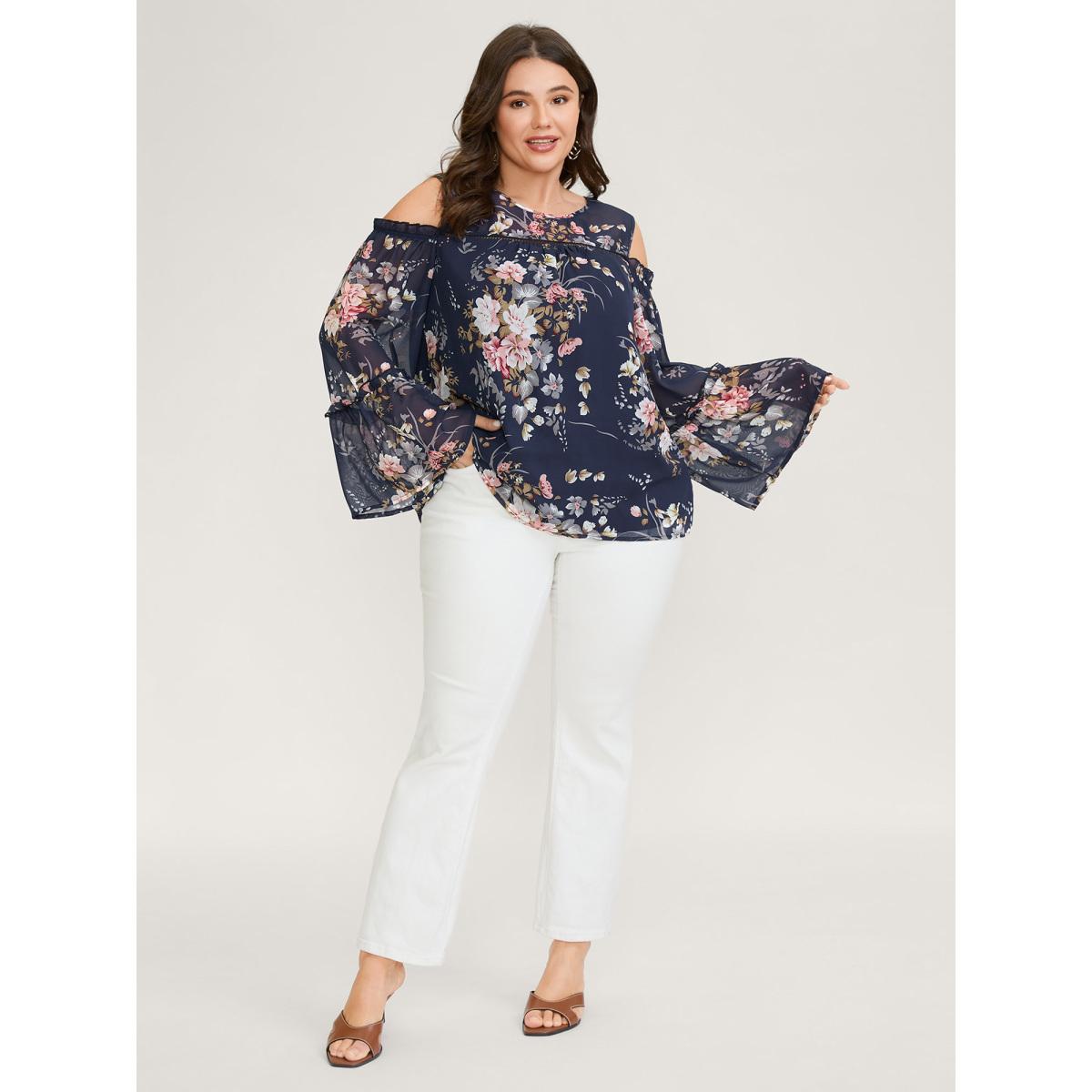 Plus Size Indigo Floral Print Off-Shoulder Lace Blouse Women Romantic Long Sleeve Round Neck Elegant Blouses BloomChic 30/6X Product Image