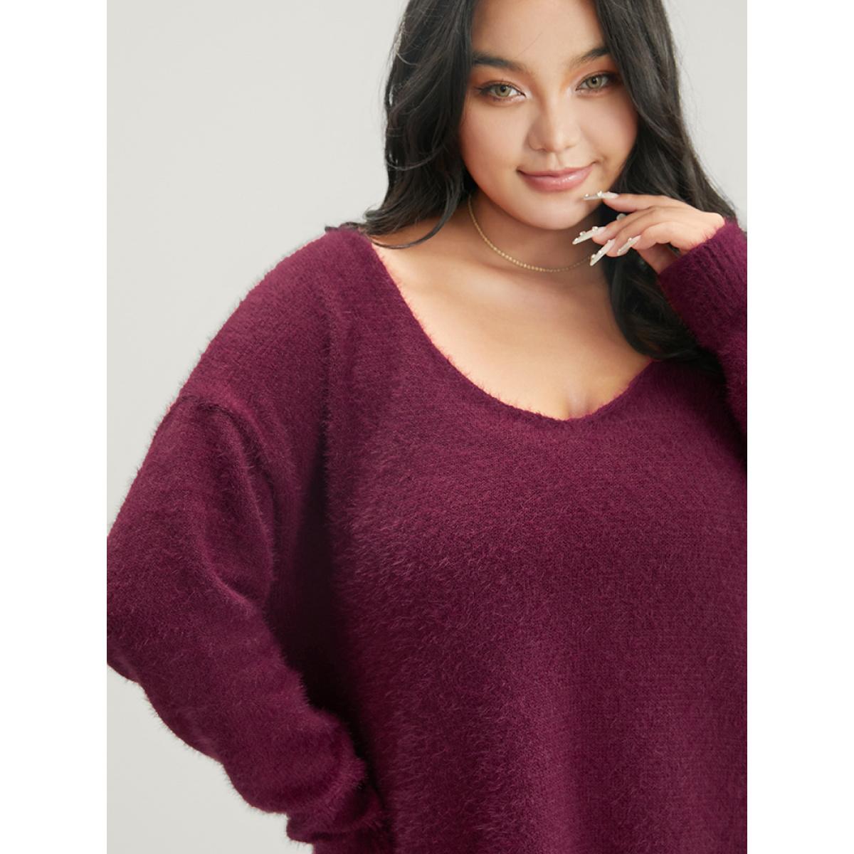 Plus Size Solid Super Soft Plush Knit Split Hem Heather Knit Top Eggplant Women Elegant Loose Long Sleeve Deep V-neck Dailywear Pullovers BloomChic 12/L Product Image