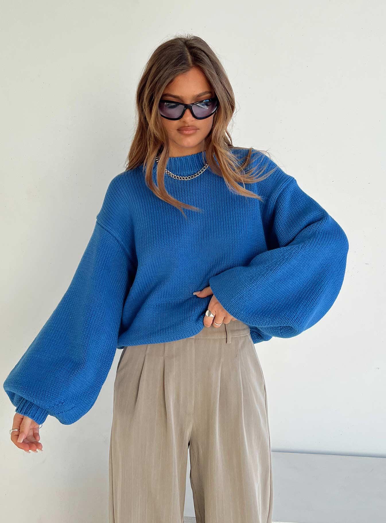 Harmony Balloon Sleeve Knit Sweater Blue Product Image