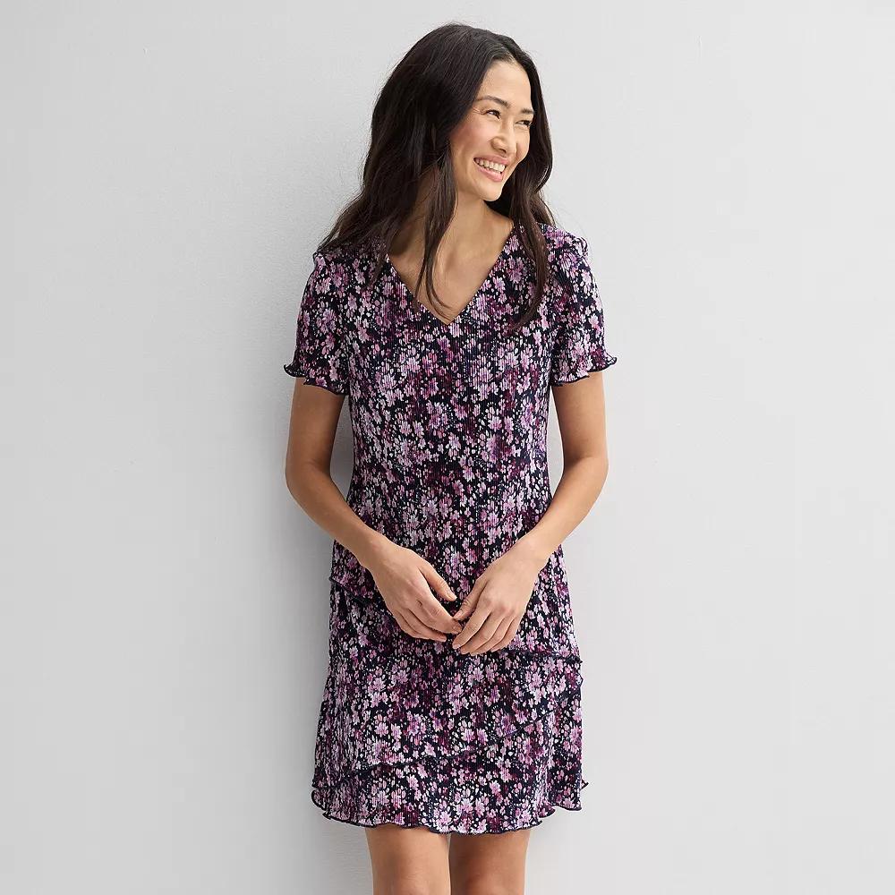 Women's Studio Connection Short Sleeve V-Neck Pleated Tiered Mini Dress, Size: 4, Purple Floral Product Image