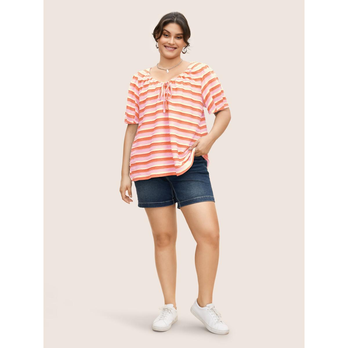 Plus Size V Neck Textured Striped Tie Knot T-shirt Blush Women Casual Texture V-neck Everyday T-shirts BloomChic 12/L Product Image