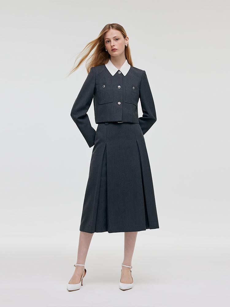 Wool Blend Crop Jacket And A-Line Skirt Two-Piece Set With Leather Bel Product Image