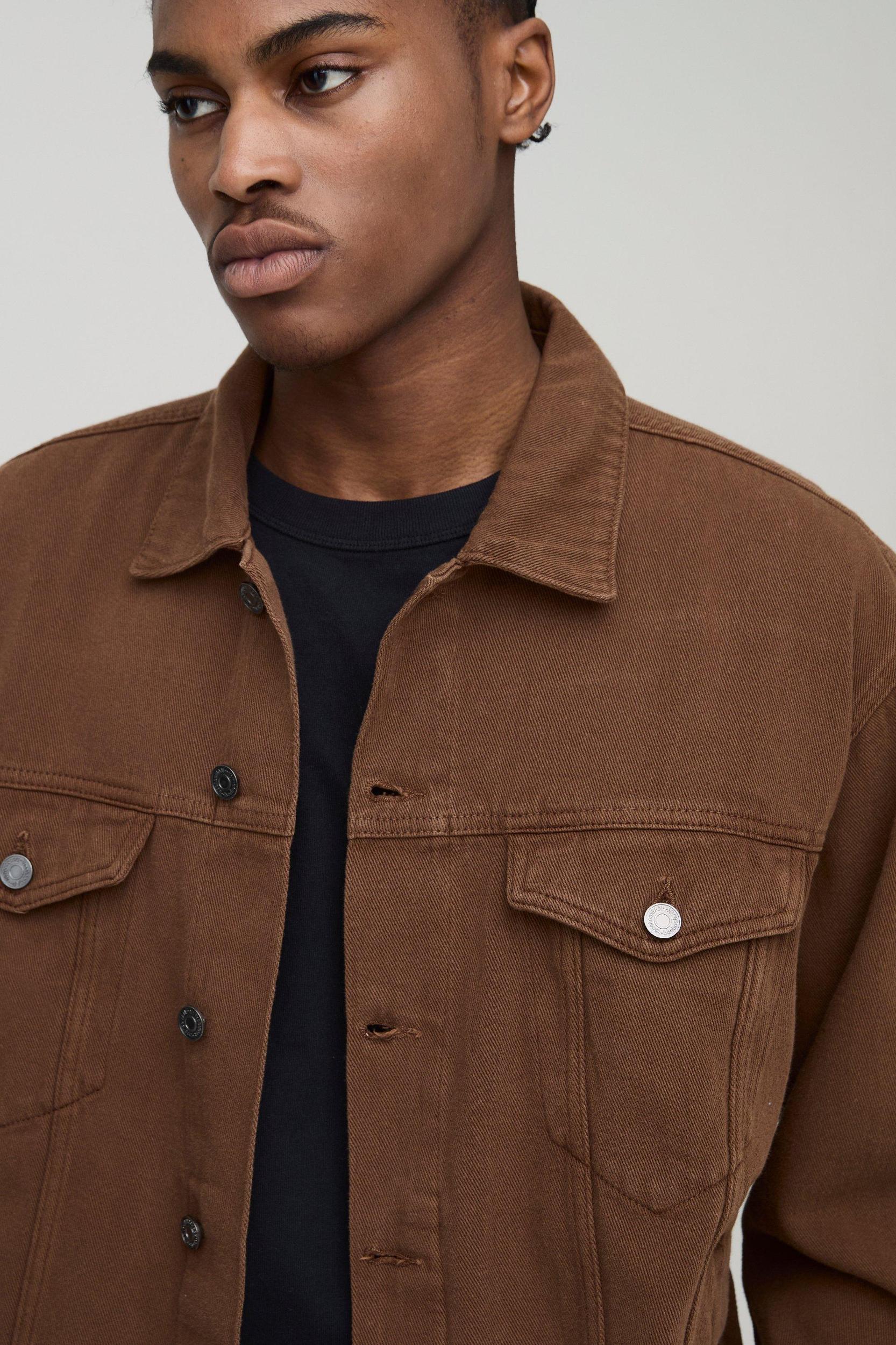 Regular Fit Brown Jean Jacket | boohooMAN USA Product Image