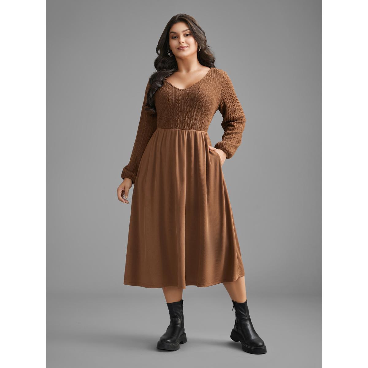 Plus Size V Neck Textured Patchwork Knit Dress Browncoffeecolor Women Casual Texture Knit Dresses Bloomchic 14-16/1X Product Image
