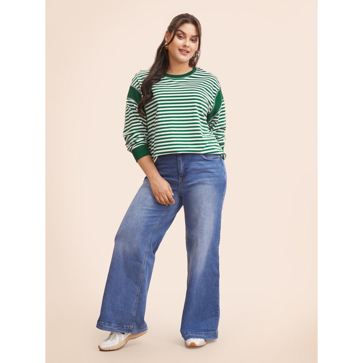 Plus Size Round Neck Striped Patchwork Stitch Sweatshirt Women Truegreen Casual Contrast Loose Round Neck Everyday Sweatshirts BloomChic 26/4X Product Image