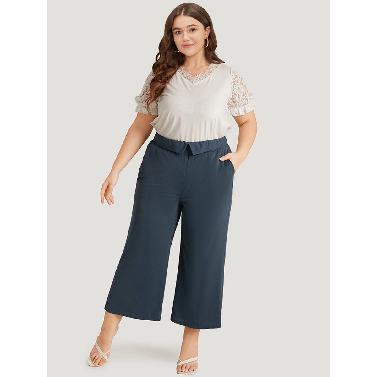Plus Size Solid Buckle Detail Pocket Straight Leg Pants Women Indigo Elegant Straight Leg High Rise Dailywear Pants BloomChic 18-20/2X Product Image